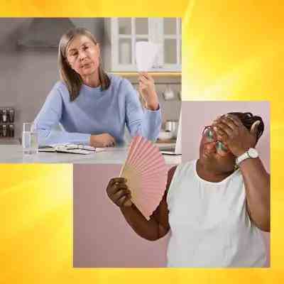 Collage of people fanning themselves against a yellow background