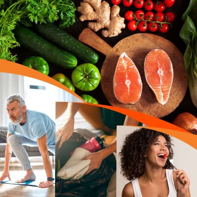 Collage of vegetables, a person working out and a person eating fruit