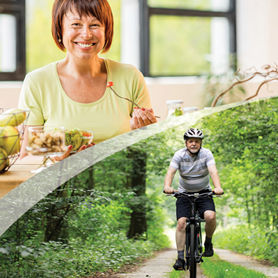 Collage of a person eating a salad and a person riding a bike outside