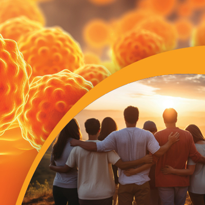 Collage of orange graphic and group of people with their arms around each other staring at the sunset